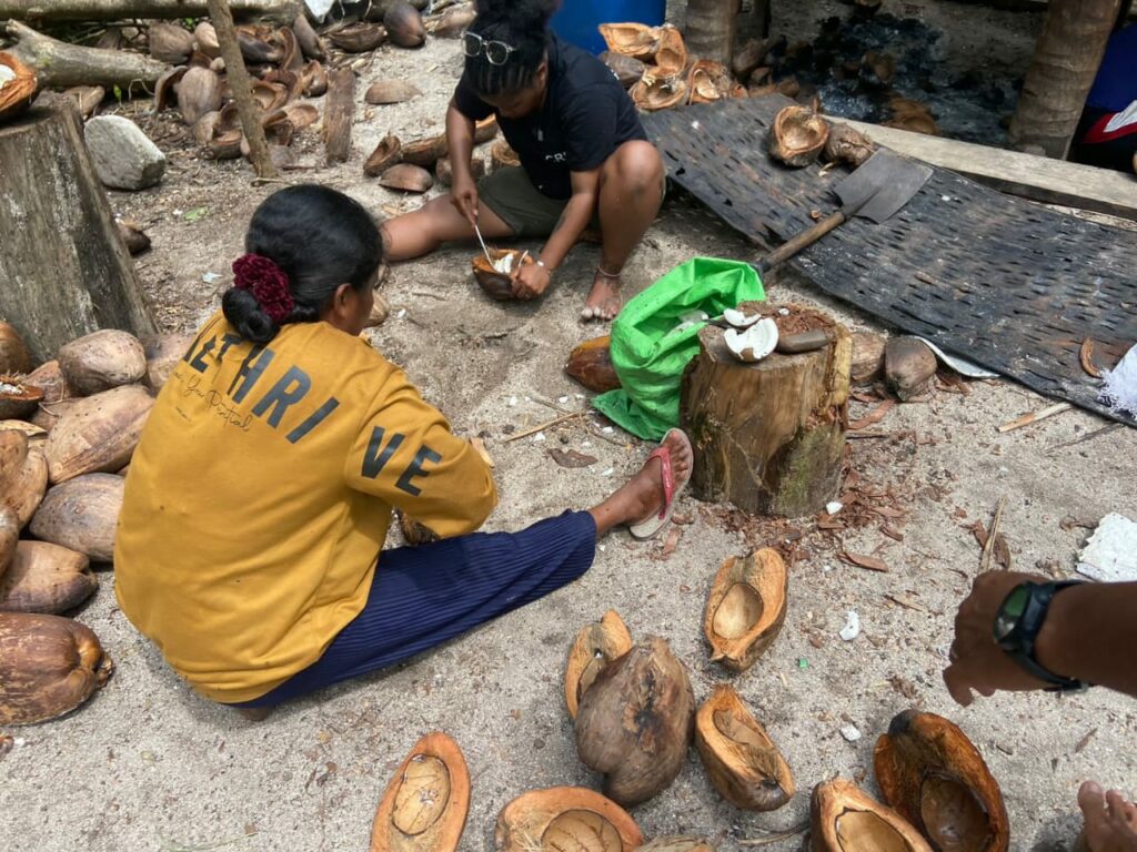 Mama-mama sedang mengolah kelapa menjadi kopra